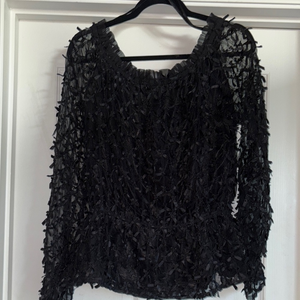 Elegant Black Blouse, net with ribbon bows w/rose centers, peplum style $14